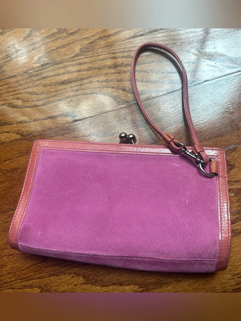 Coach Magenta Suede Wristlet Clutch with Leather Trim